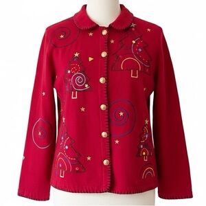 Vintage Red Embroidered Christmas Tree Swirl Button Front Cardigan Jacket Sz Med
